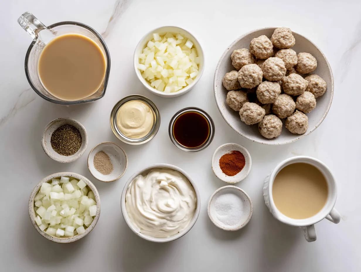 Top-down photo of Swedish meatball ingredients in small bowls including beef broth, diced onion, sour cream, spices, and frozen meatballs on a white marble surface