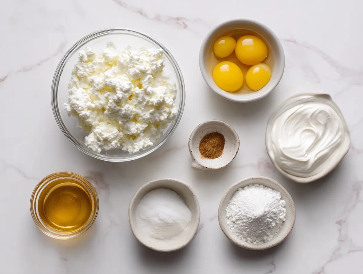 fluffy cottage cheese cloud bread ingredients displayed on marble