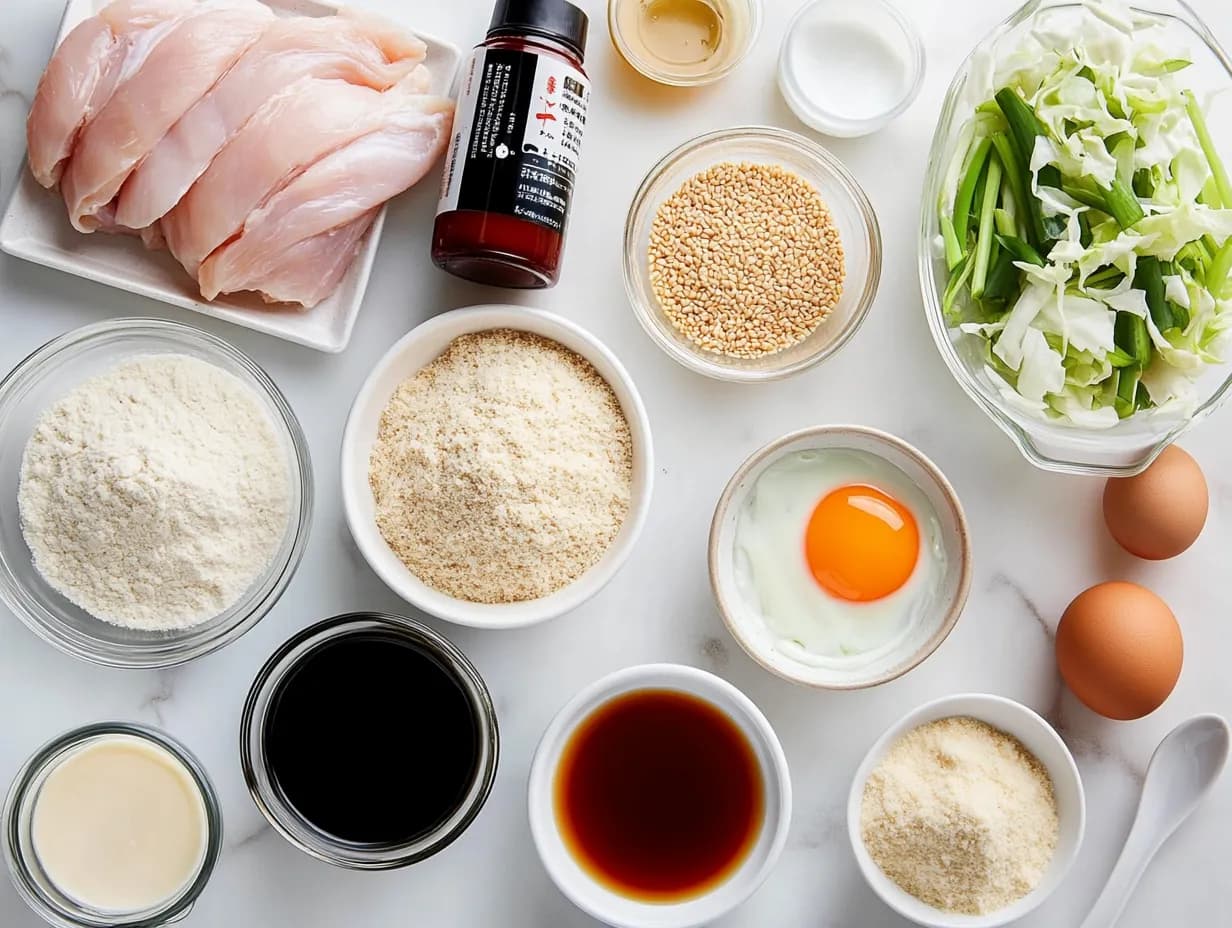 Ingredients for Japanese chicken katsu bowl neatly arranged on marble