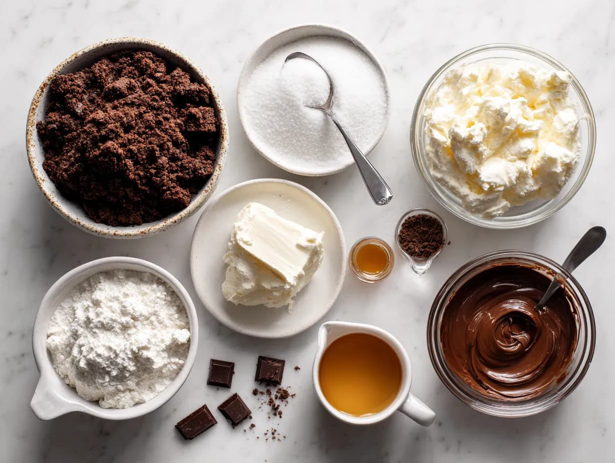 Top-down view of loaded brownie cheesecake cup ingredients, including crumbled brownies, cream cheese, powdered sugar, heavy cream, vanilla extract, chocolate ganache, and caramel sauce.