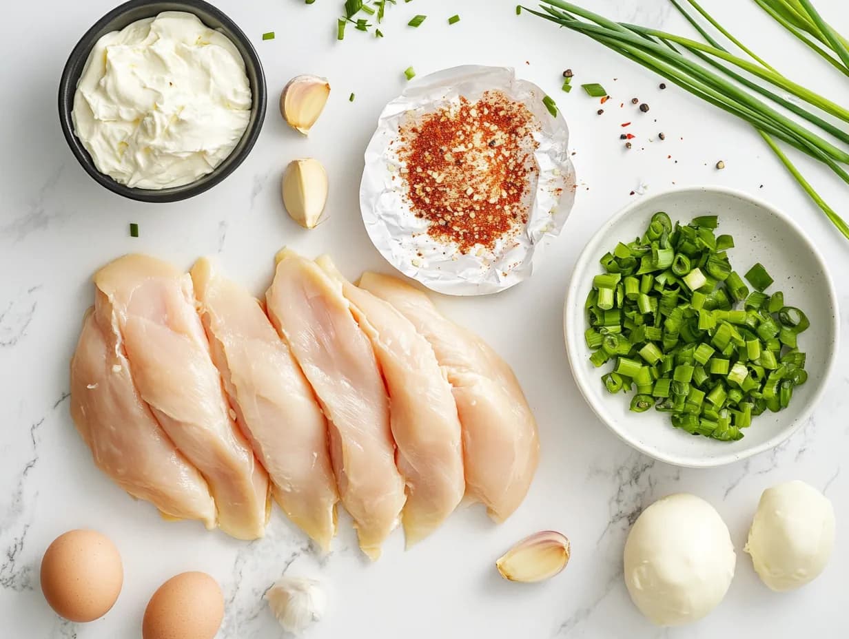 Ingredients for Melted Mozzarella and Ranch Chicken Bombs on white marble