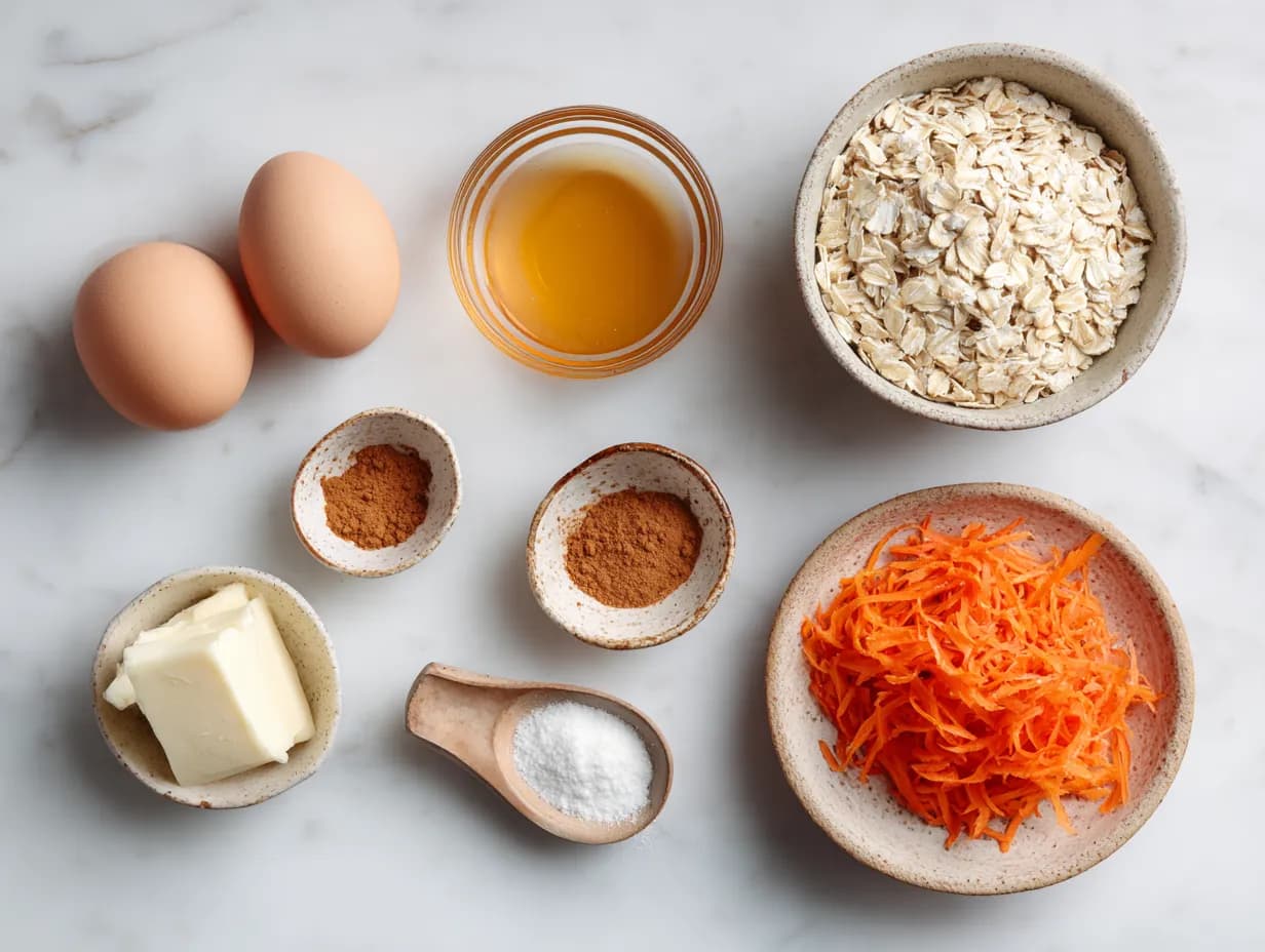 Top-down photo of oatmeal carrot cake ingredients including oats, honey, shredded carrots, eggs, butter, cinnamon, and baking soda on a marble surface