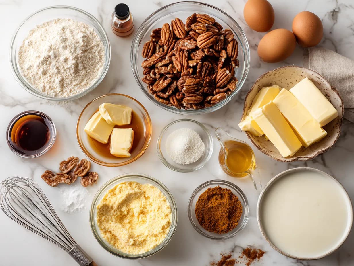 top-down view of ingredients for pecan pie dump cake recipe including pecans, cake mix, butter, corn syrup, eggs, and pumpkin pie spice