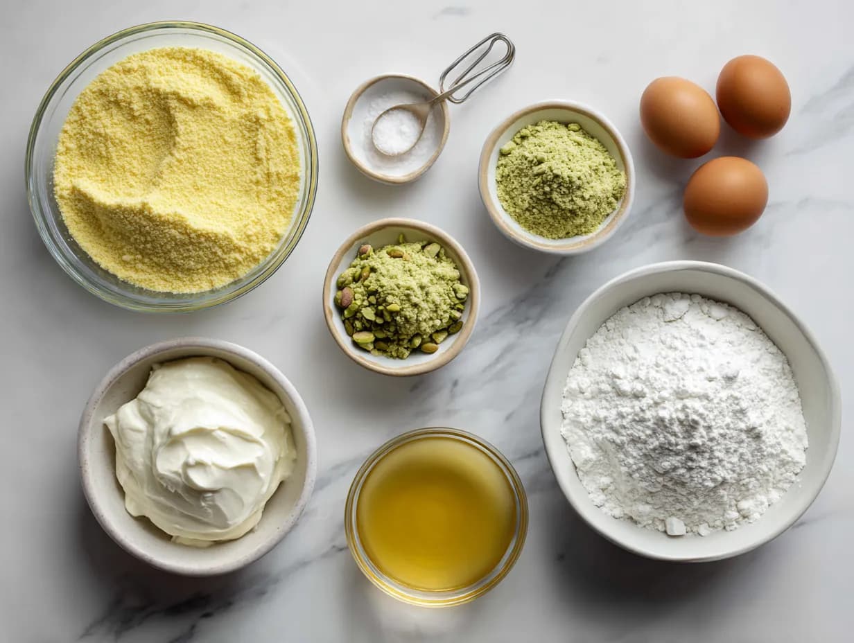 Top-down shot of ingredients for pistachio ooey gooey butter cake