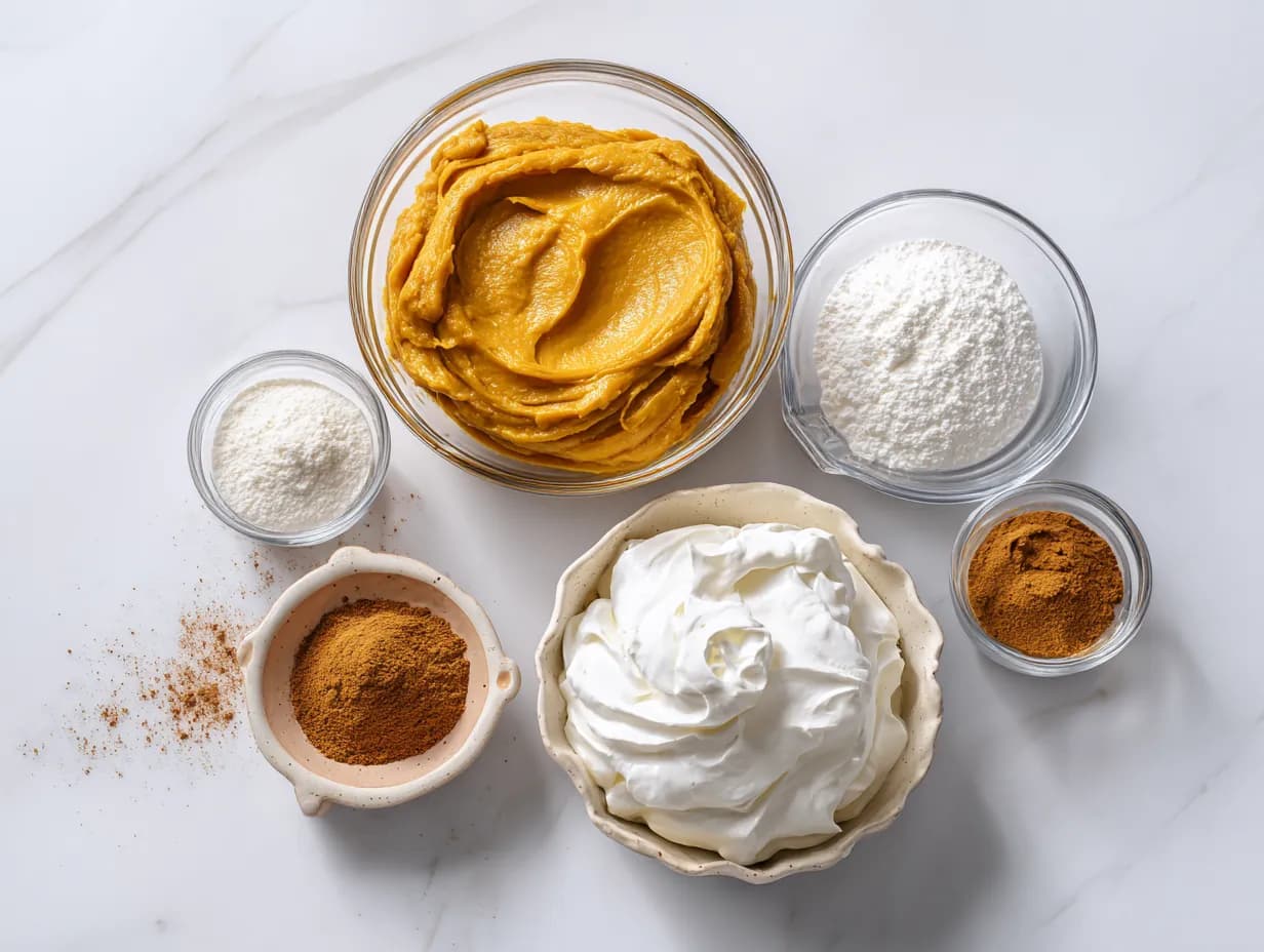 pumpkin fluff dip ingredients displayed in bowls on white marble