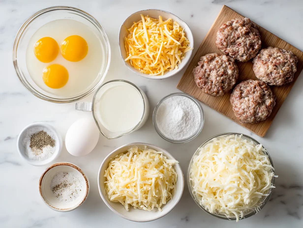 Top-down view of sausage hashbrown breakfast casserole ingredients on a marble surface: raw turkey sausage patties on a wooden board, shredded hash browns, cheddar cheese, eggs, milk, and small bowls of salt, pepper, and garlic powder.