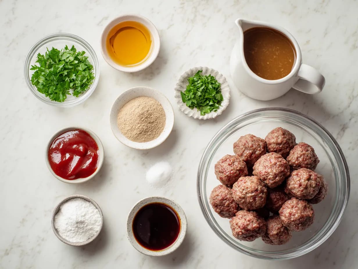 Ingredients for slow cooker Salisbury steak meatballs arranged in glass and ceramic bowls on a white marble countertop, including beef broth, ketchup, Worcestershire sauce, parsley, seasonings, and frozen meatballs.