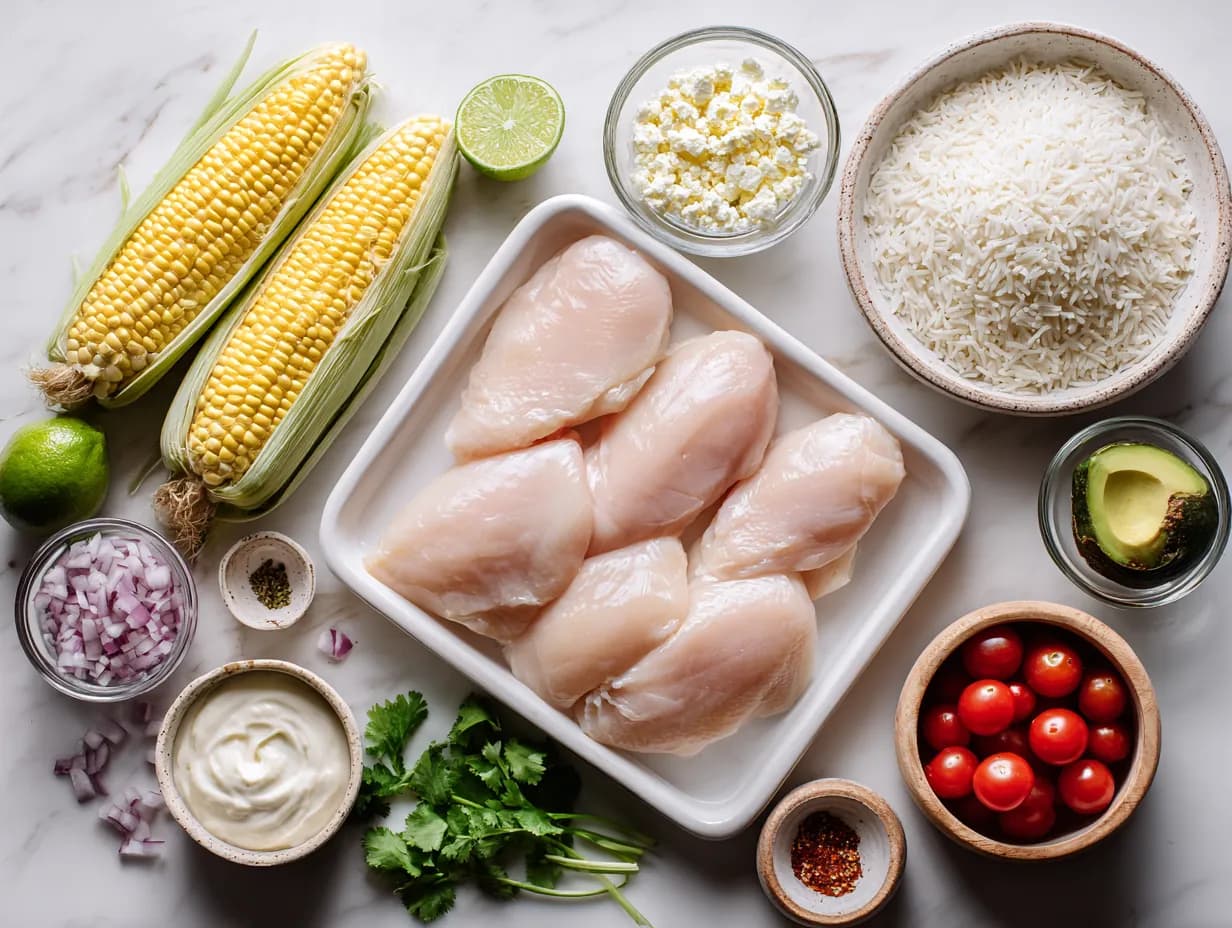 Street corn chicken rice bowl ingredients including raw chicken breasts, fresh corn, rice, avocado, tomatoes, red onion, mayonnaise, lime, feta cheese, and cilantro arranged on a white marble surface