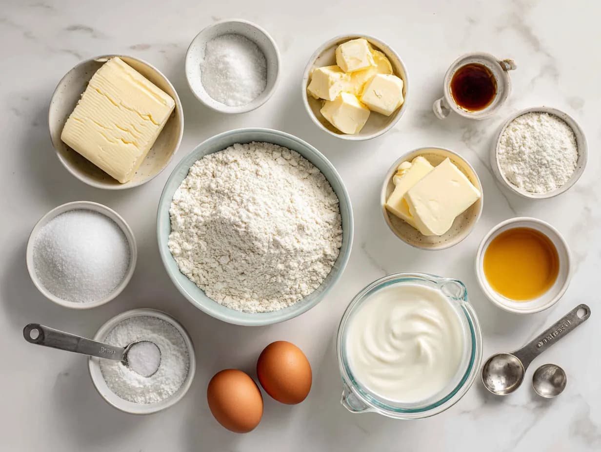 Top-down view of ingredients for Vanilla Buttermilk Pound Cake on a marble countertop