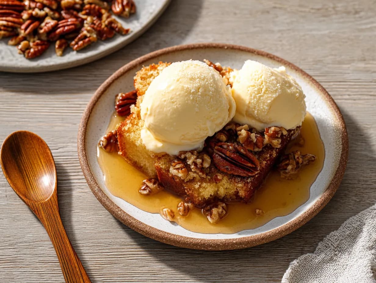 pecan pie dump cake recipe served warm with vanilla ice cream and caramel sauce
