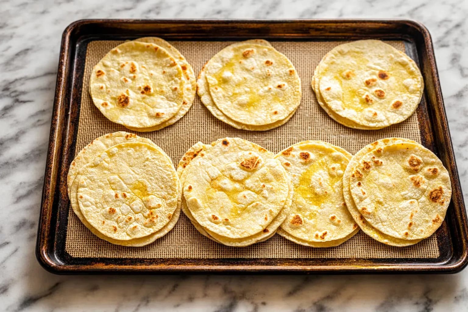 Corn tortillas brushed with oil on a baking sheet for baked chicken tacos before assembling
