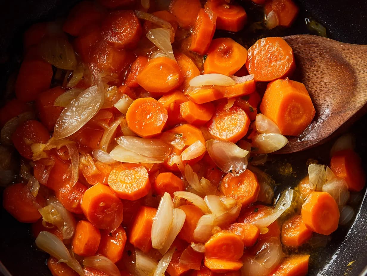 Chopped carrots and onions sautéing in butter with a wooden spoon