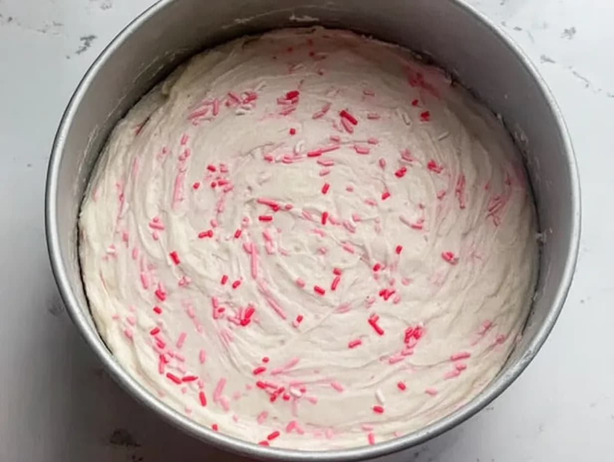 Smooth layer of sakura vanilla cake batter with pink sprinkles spread evenly in a round cake pan