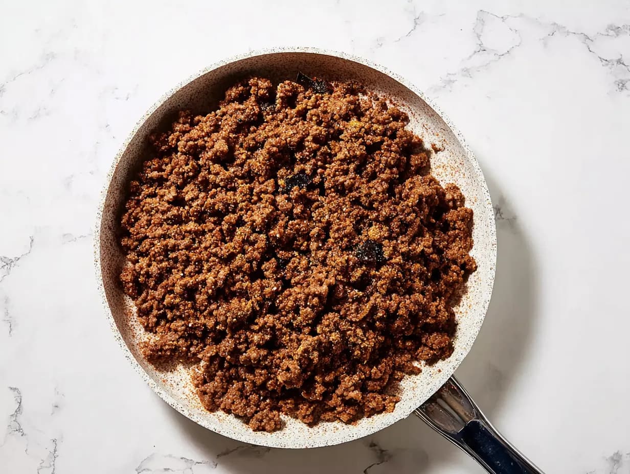 Ground beef browning in a skillet for cowboy casserole recipe