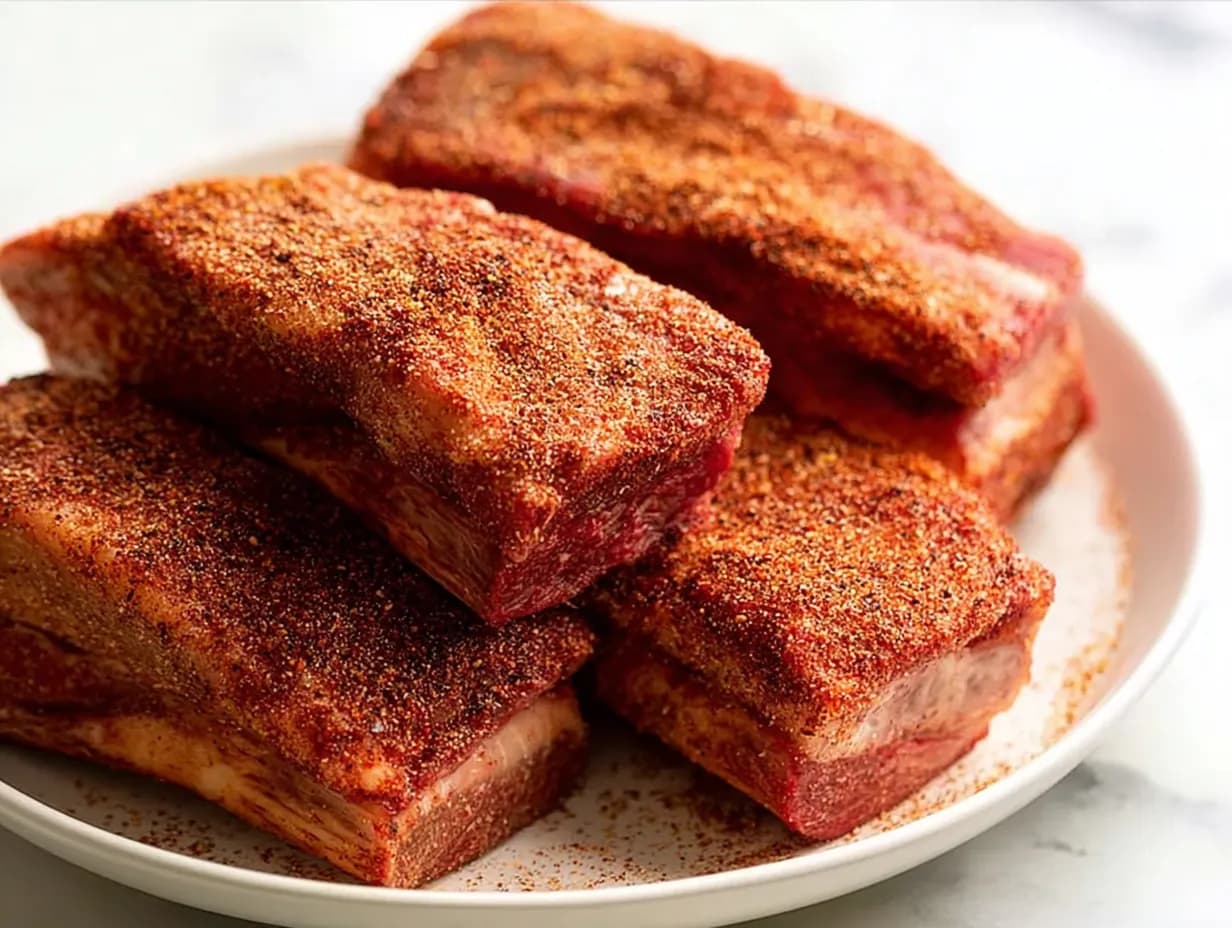 Raw beef short ribs coated generously with dry rub seasoning, arranged neatly on a white plate.