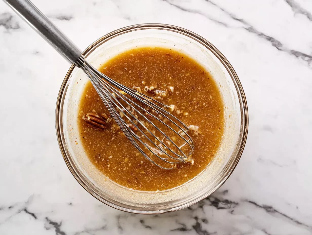 whisking pecan pie dump cake recipe filling with corn syrup, brown sugar, and butter in glass bowl