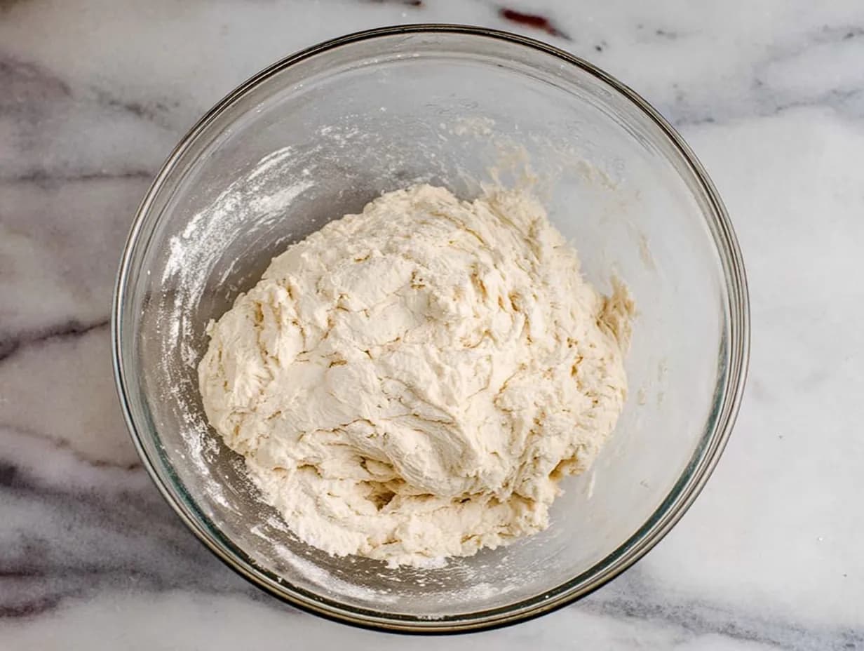 Shaggy Neapolitan pizza dough just after mixing flour, yeast, and water.