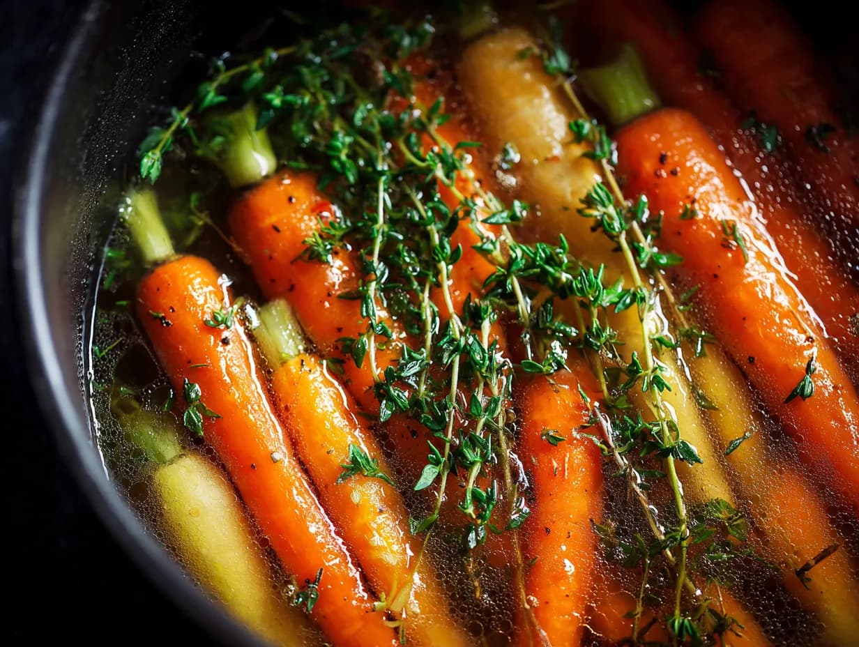 Carrots and fresh thyme simmering in vegetable stock in a pot