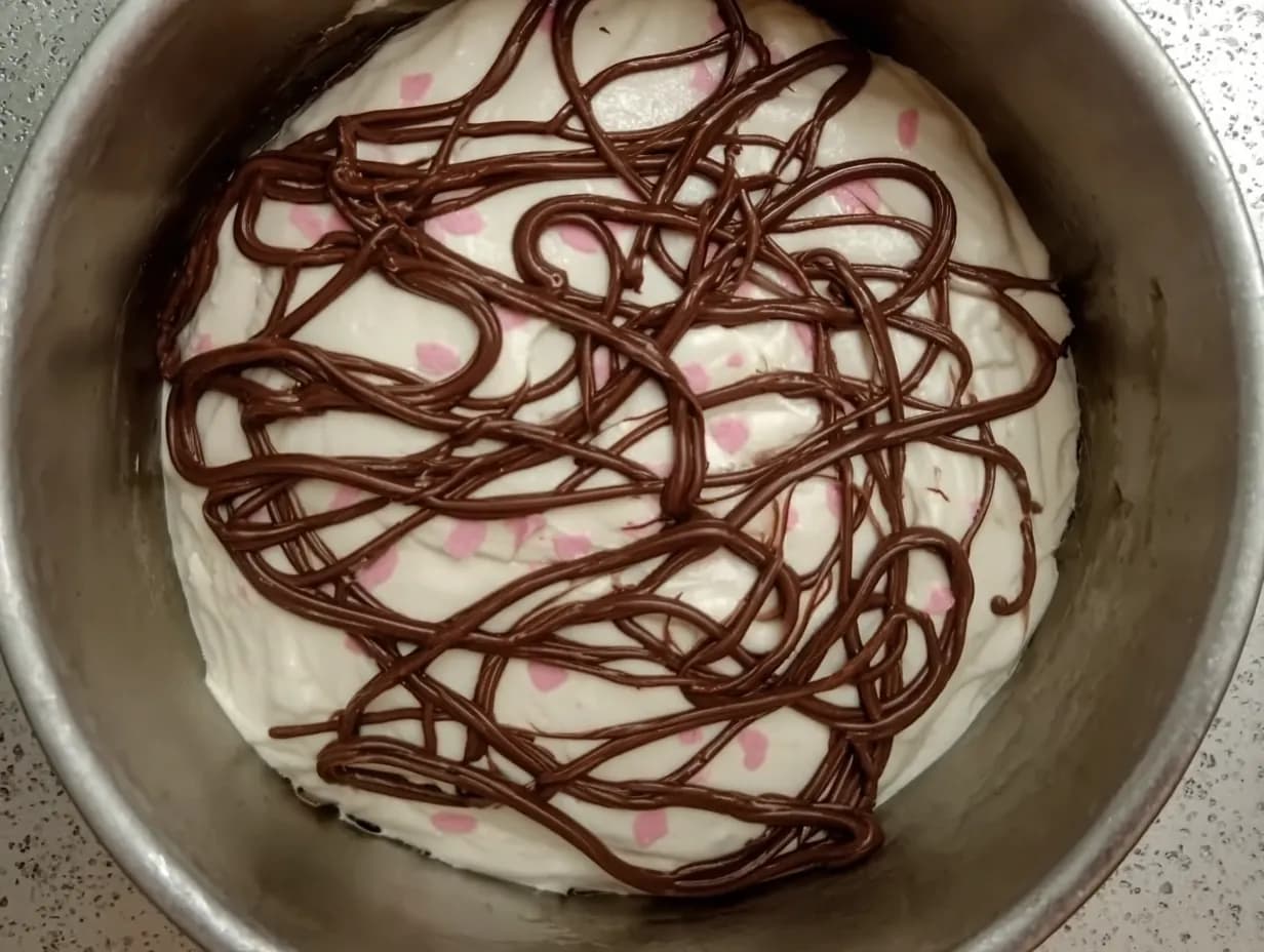 Chocolate batter piped in organic squiggle lines over white cherry blossom cake batter in a round pan