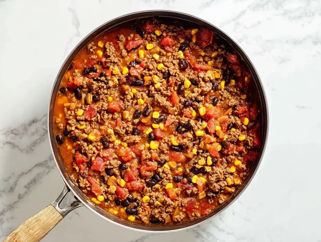Beef, beans, corn, and tomatoes simmering together for easy cowboy casserole