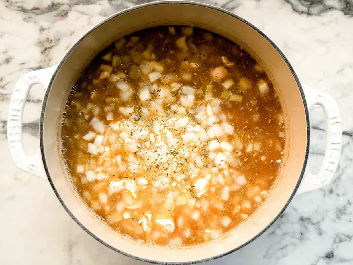 White beans and corn simmering in seasoned broth for creamy white chicken chili