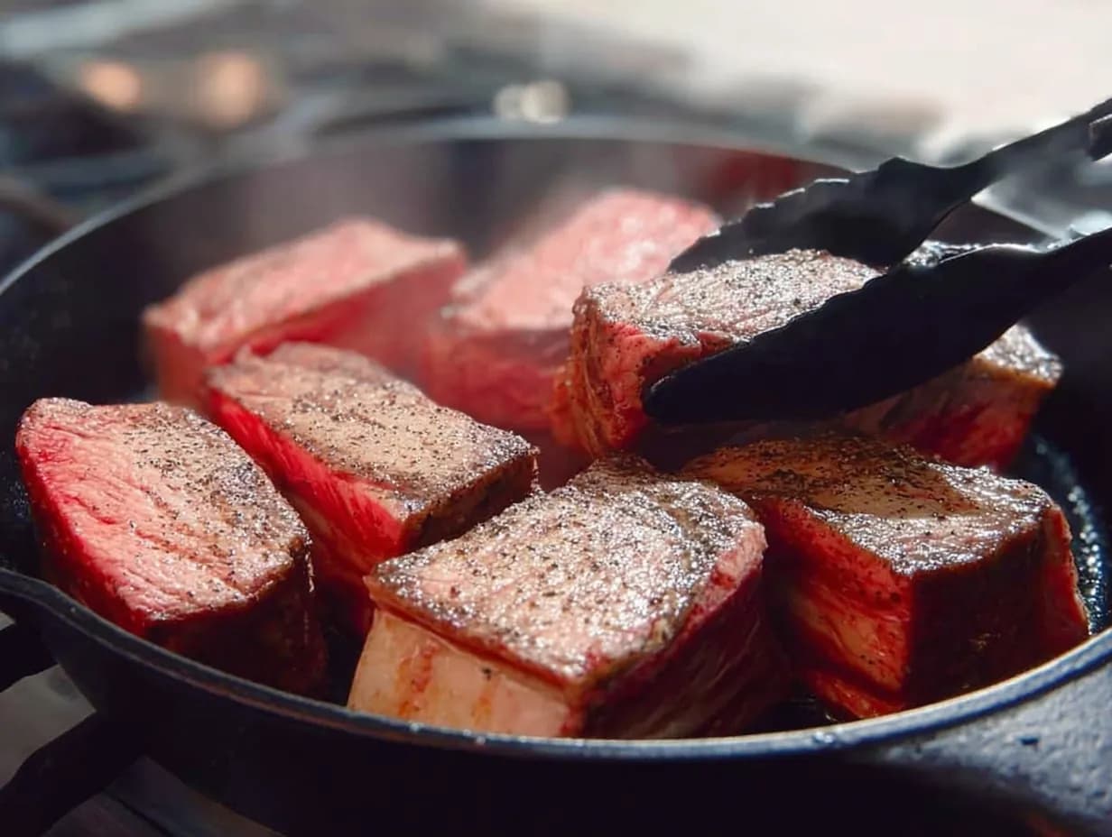 Beef short ribs searing in a cast iron skillet, developing a golden-brown crust, with steam rising.
