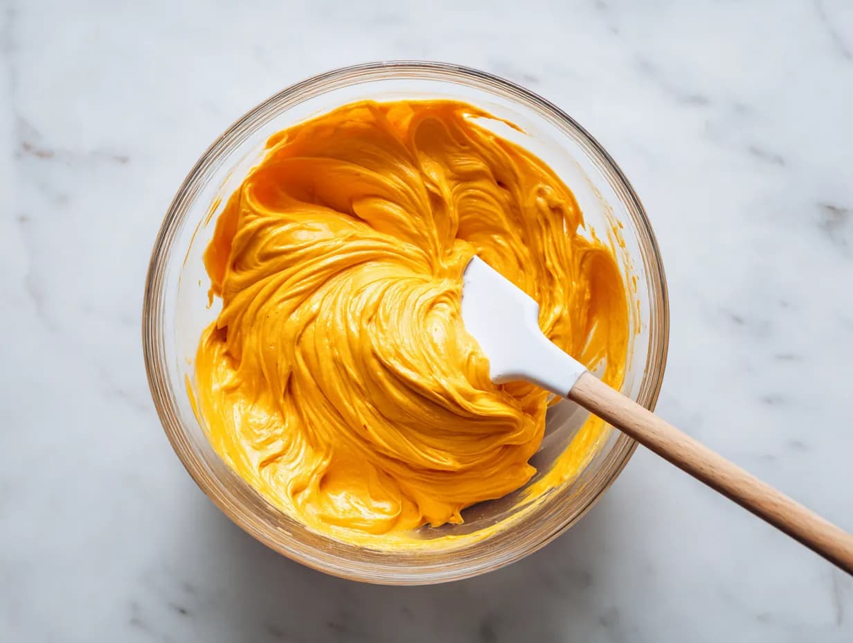 mixing pumpkin fluff dip base in a clear glass bowl with white spatula