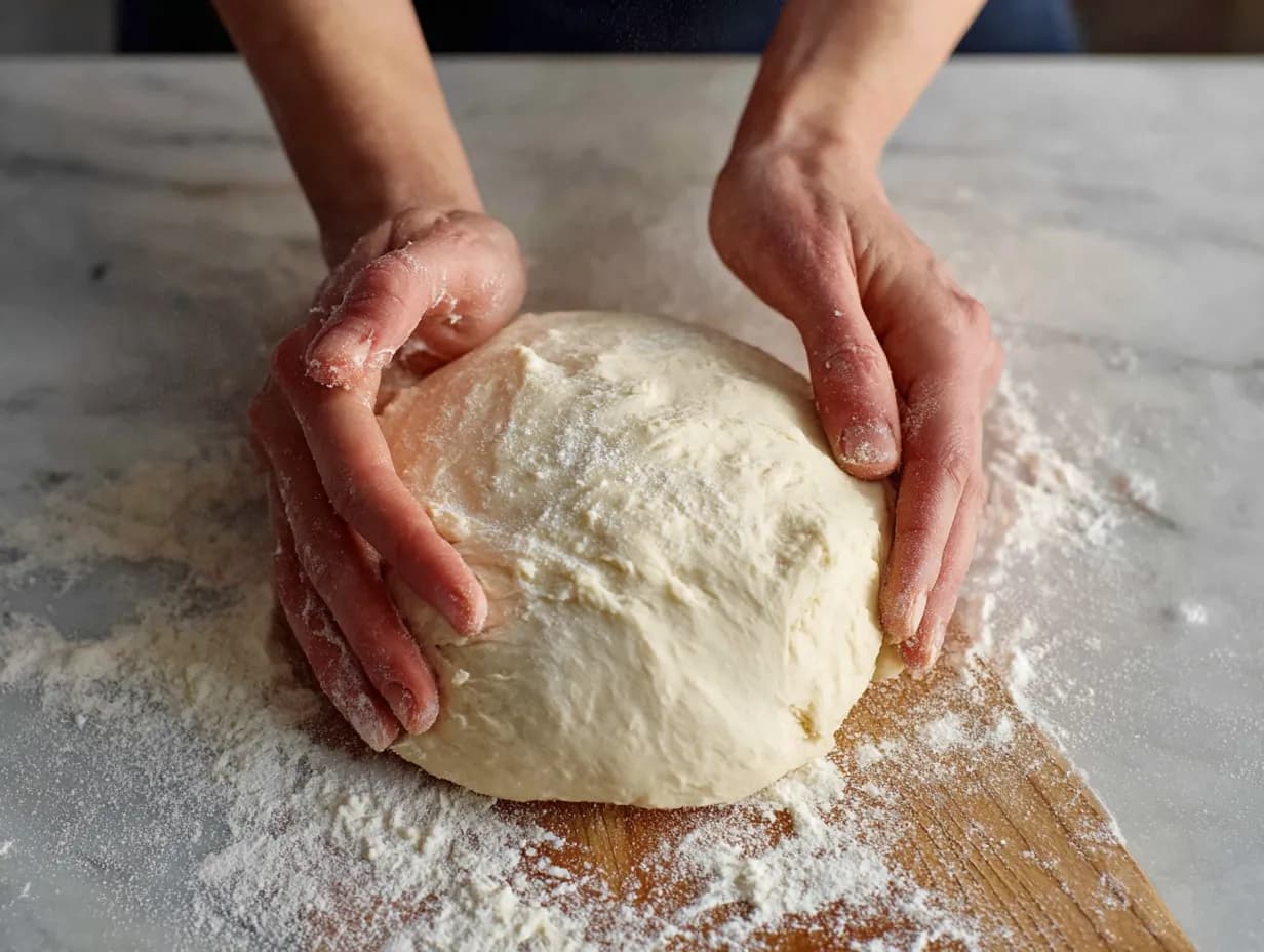 Hands kneading Neapolitan pizza dough until smooth and elastic.