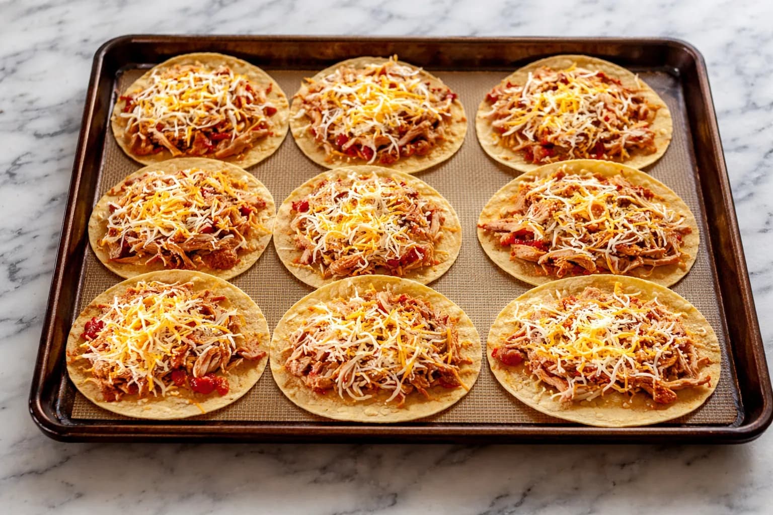 Baked chicken tacos assembled on a sheet pan with shredded chicken, diced tomatoes, and Mexican cheese before baking