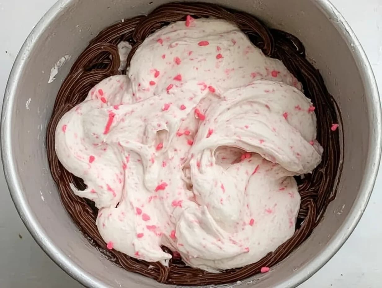 Dollops of pink-speckled white cake batter layered over chocolate swirls in a cake pan during assembly
