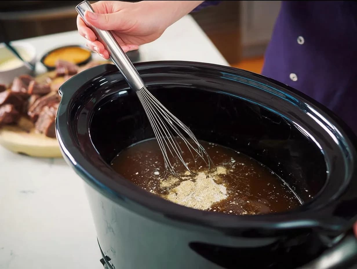 Hand whisking beef broth and seasonings inside a slow cooker, with seared short ribs in the background.