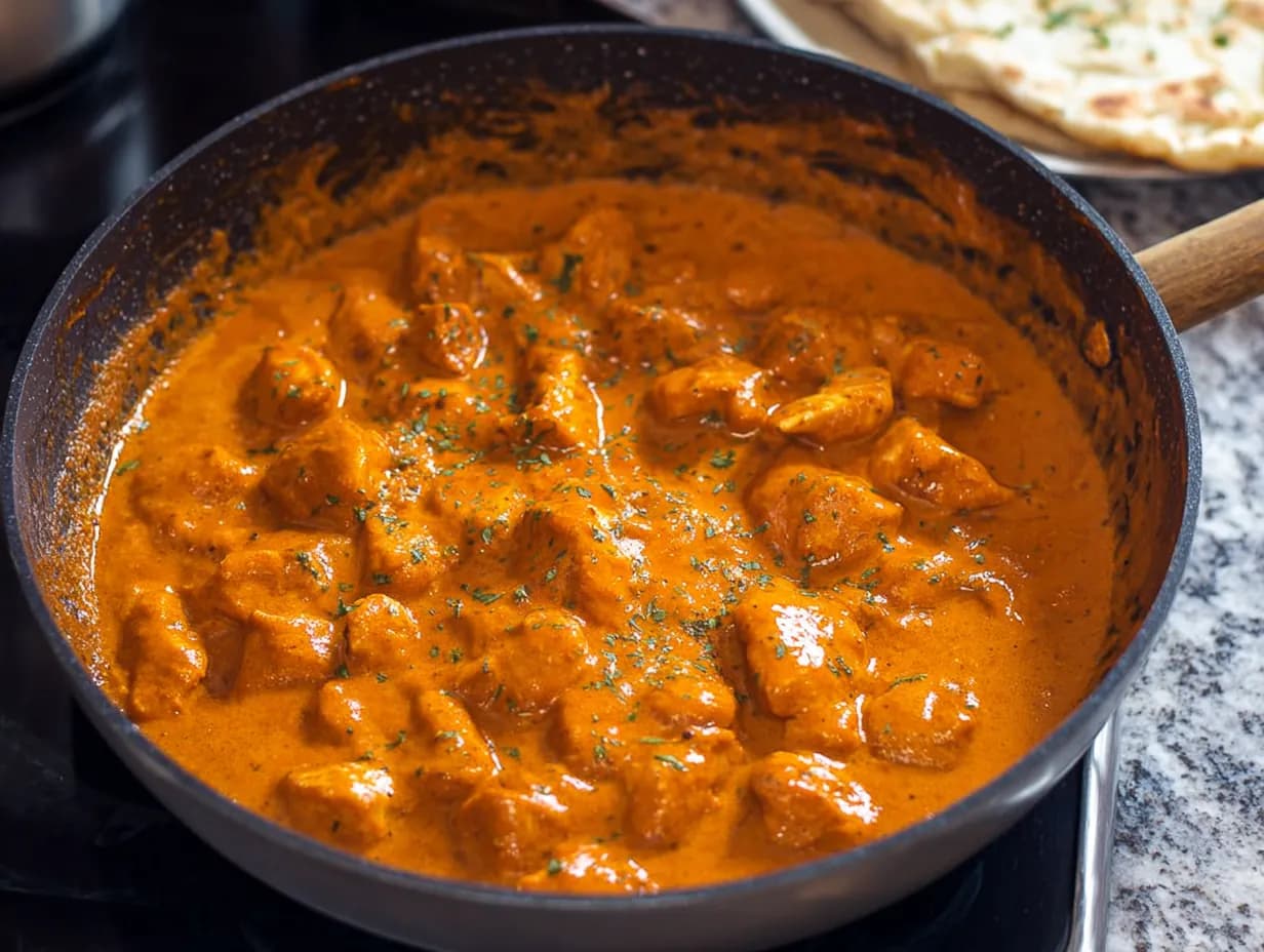 Butter chicken simmering in a creamy tomato-based sauce inside a skillet, garnished with herbs, with naan bread in the background.