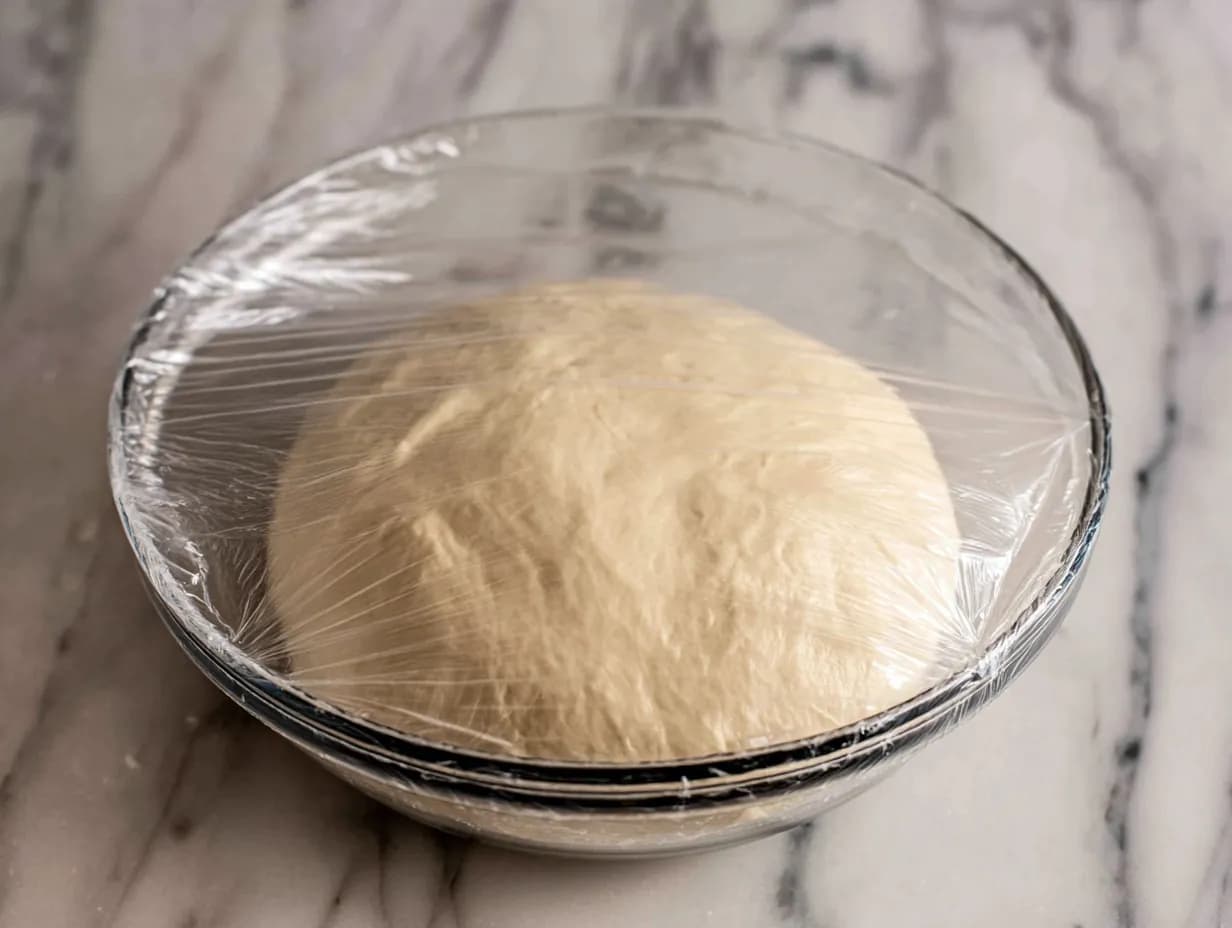 Smooth Neapolitan pizza dough in a glass bowl covered with plastic wrap before cold fermentation.