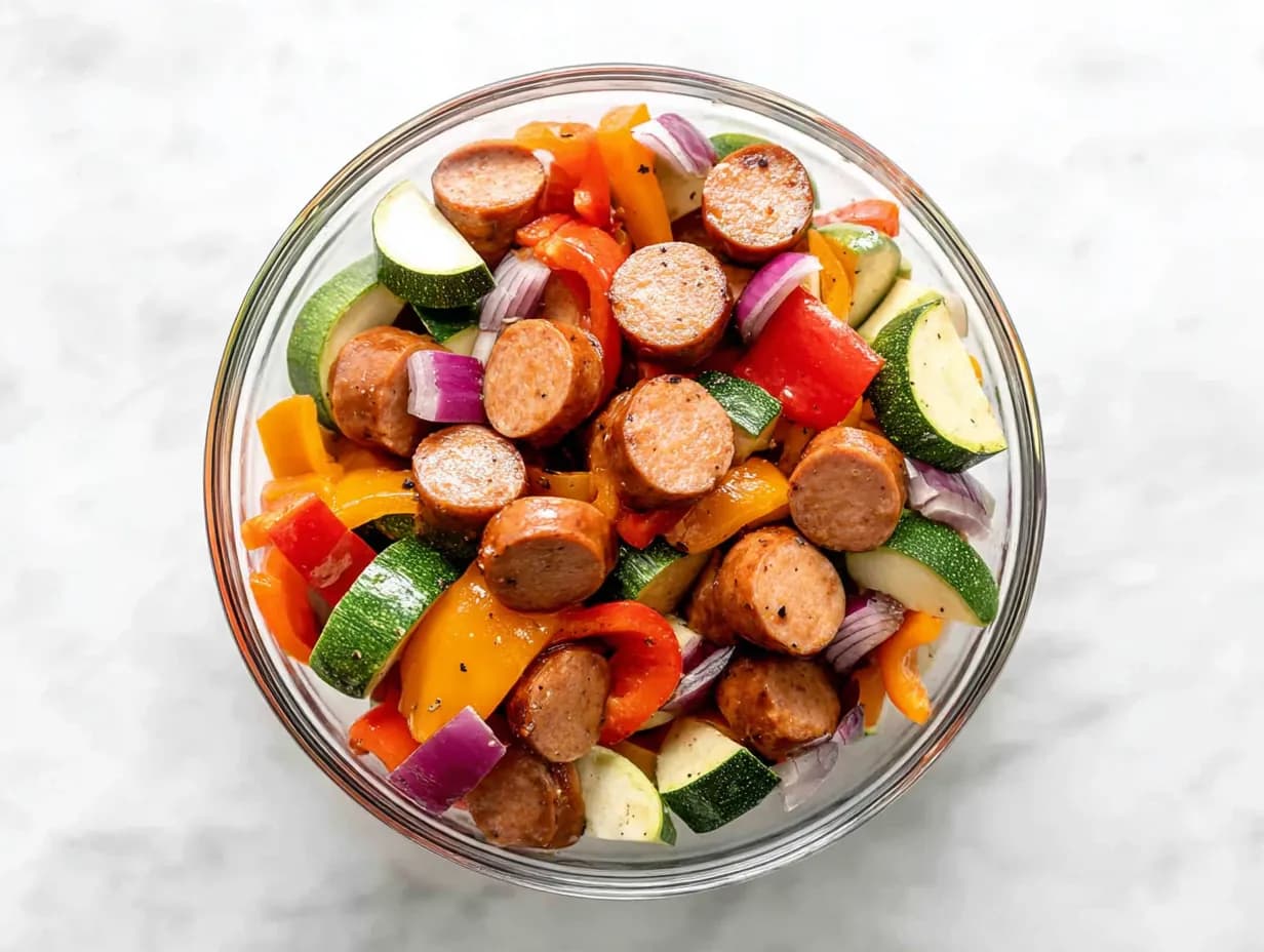 Sliced chicken sausage mixed with bell peppers, zucchini, and red onion in a bowl before air frying