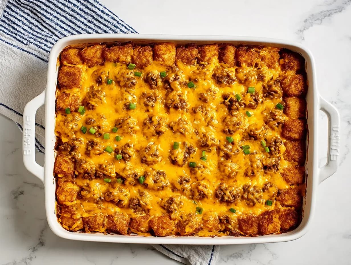 Baked cowboy casserole topped with melted cheese and crispy Tater Tots