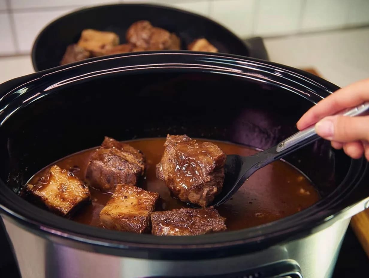 Cooked short ribs being placed into a slow cooker filled with rich, savory broth.