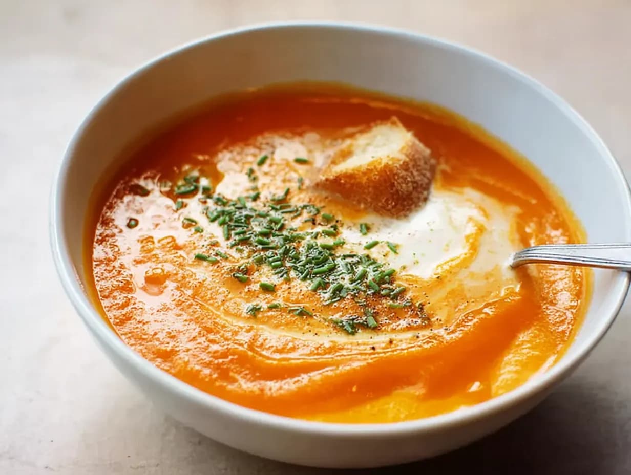 Bowl of carrot soup with cream swirl, chives, and bread on the side