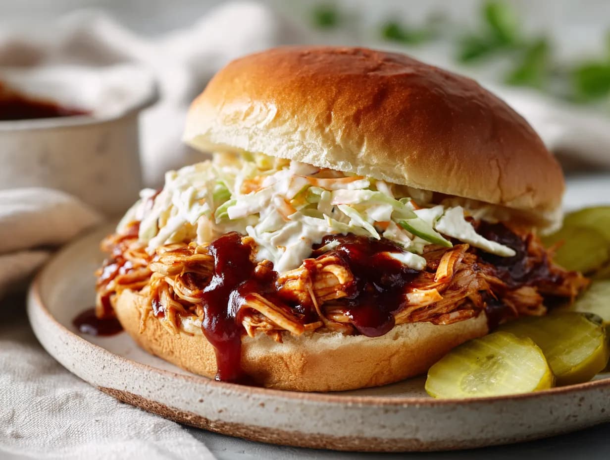 Juicy crockpot BBQ chicken sandwich with slaw and pickles on a rustic plate