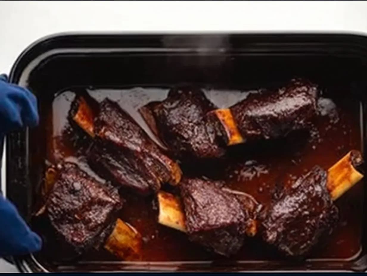 Fully cooked beef short ribs in a slow cooker, coated in thick, dark sauce and ready to serve.