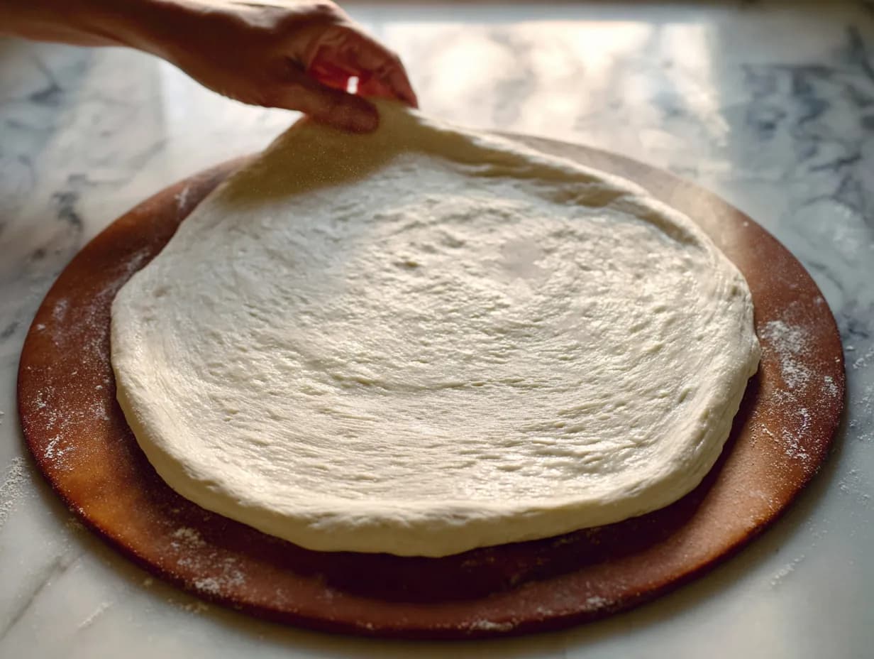 Hand lifting and stretching Neapolitan pizza dough on a wooden peel under soft daylight.