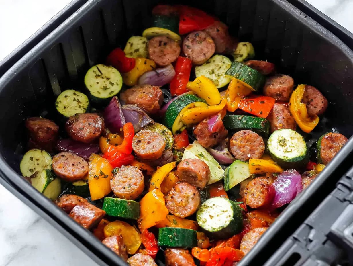 Chicken sausage and vegetables cooking in an air fryer basket for air fryer chicken sausage and veggies
