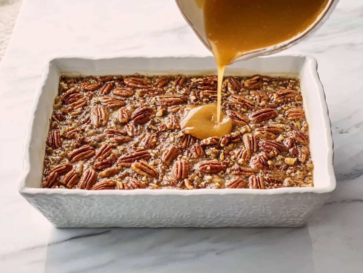 drizzling melted butter over pecan pie dump cake recipe before baking