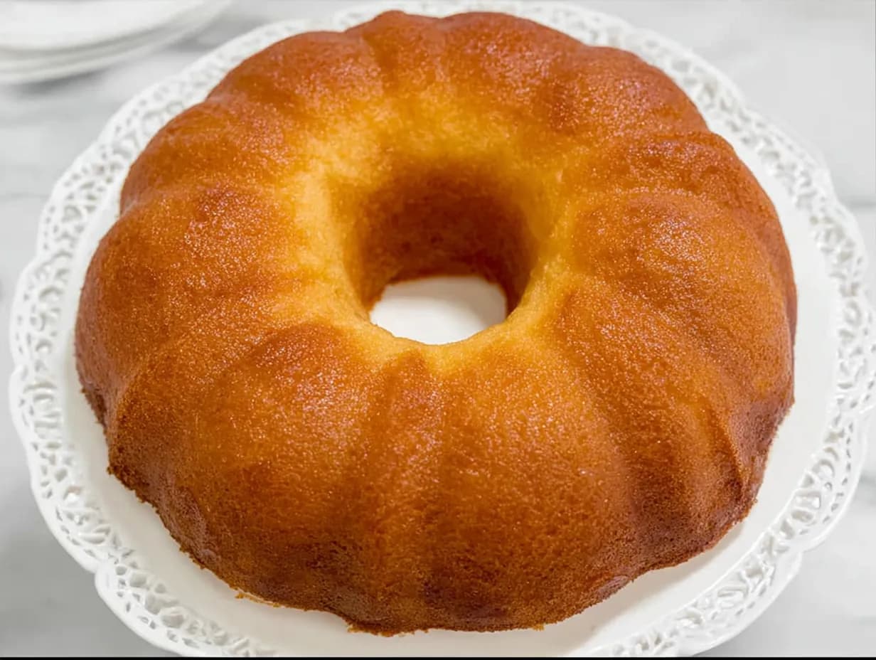 Golden brown vanilla buttermilk pound cake cooling on a white cake stand after baking.