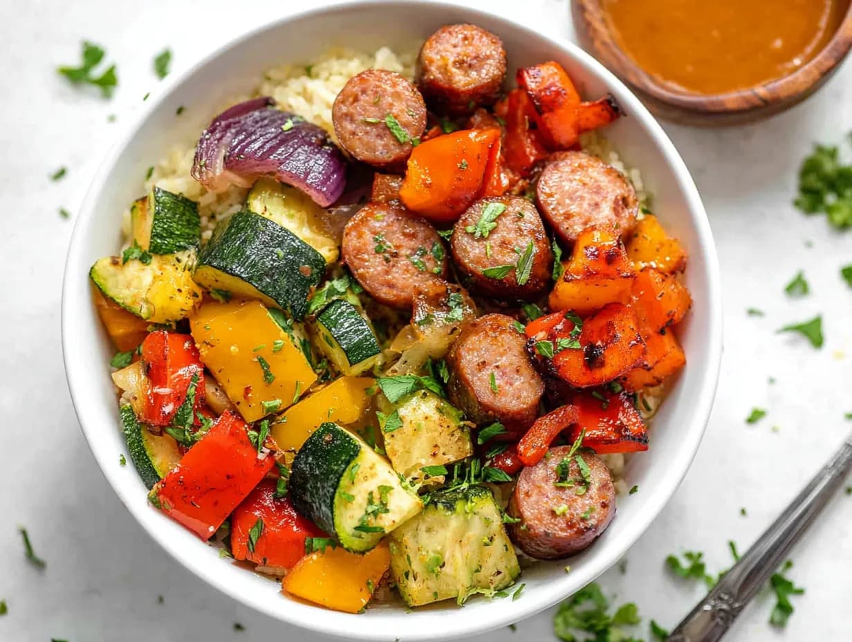 Air fryer chicken sausage and veggies served in a bowl with peppers, zucchini, and onions