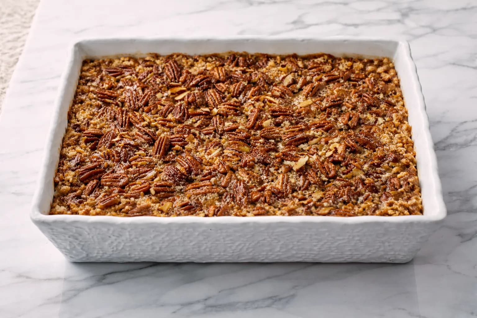 baked pecan pie dump cake recipe with golden topping and toasted pecans