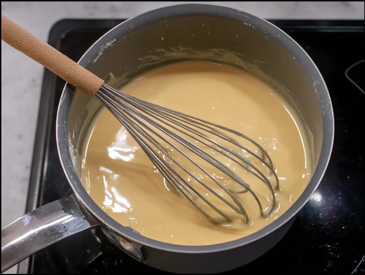 Smooth buttermilk glaze after whisking powdered sugar, ready to cool before drizzling over pound cake.