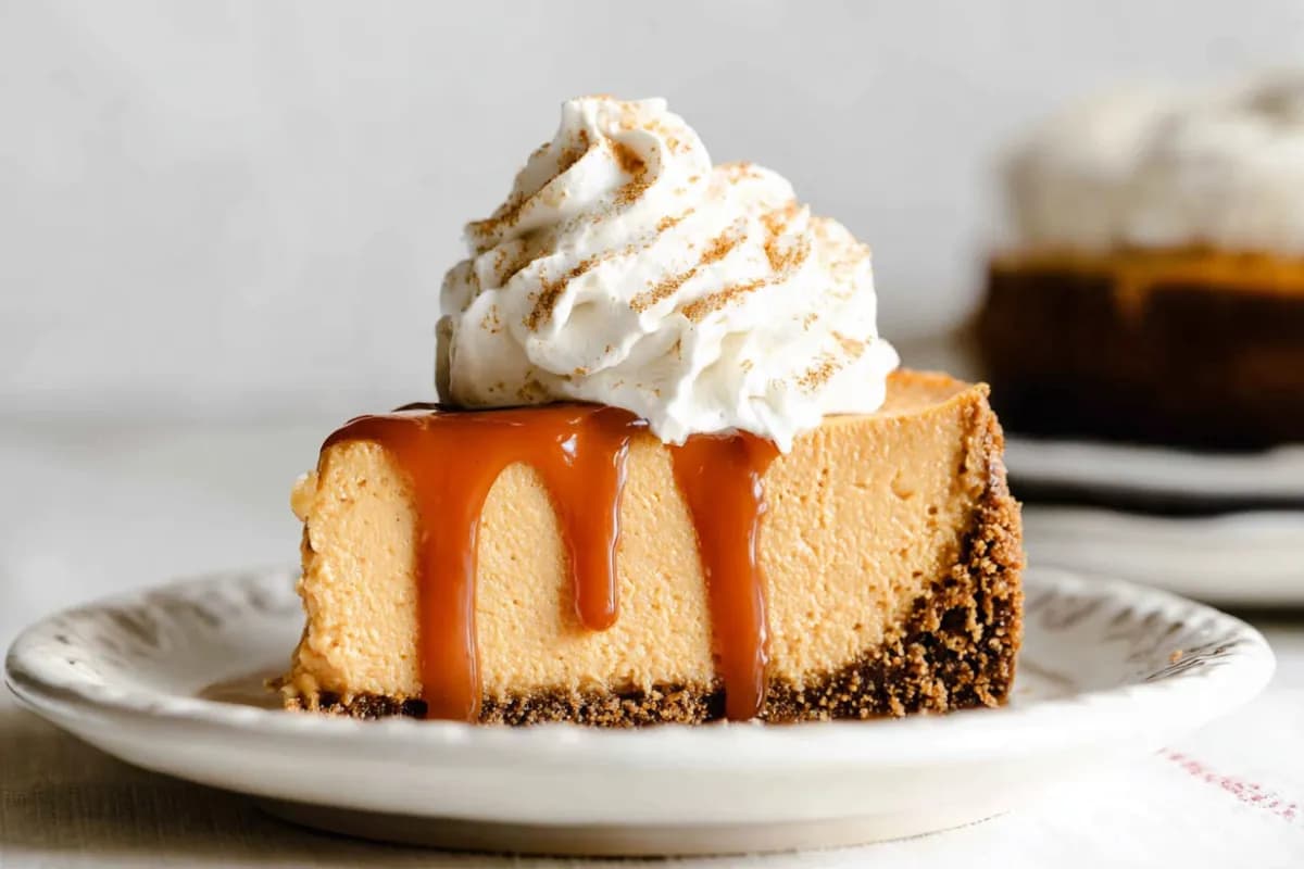 No Bake Pumpkin Cheesecake slice with caramel drizzle and whipped cream