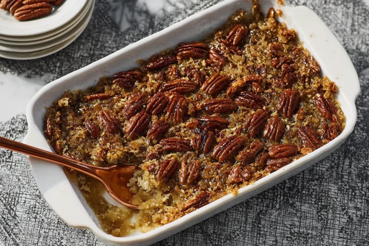 pecan pie dump cake recipe with gooey caramel filling and toasted pecans in white baking dish
