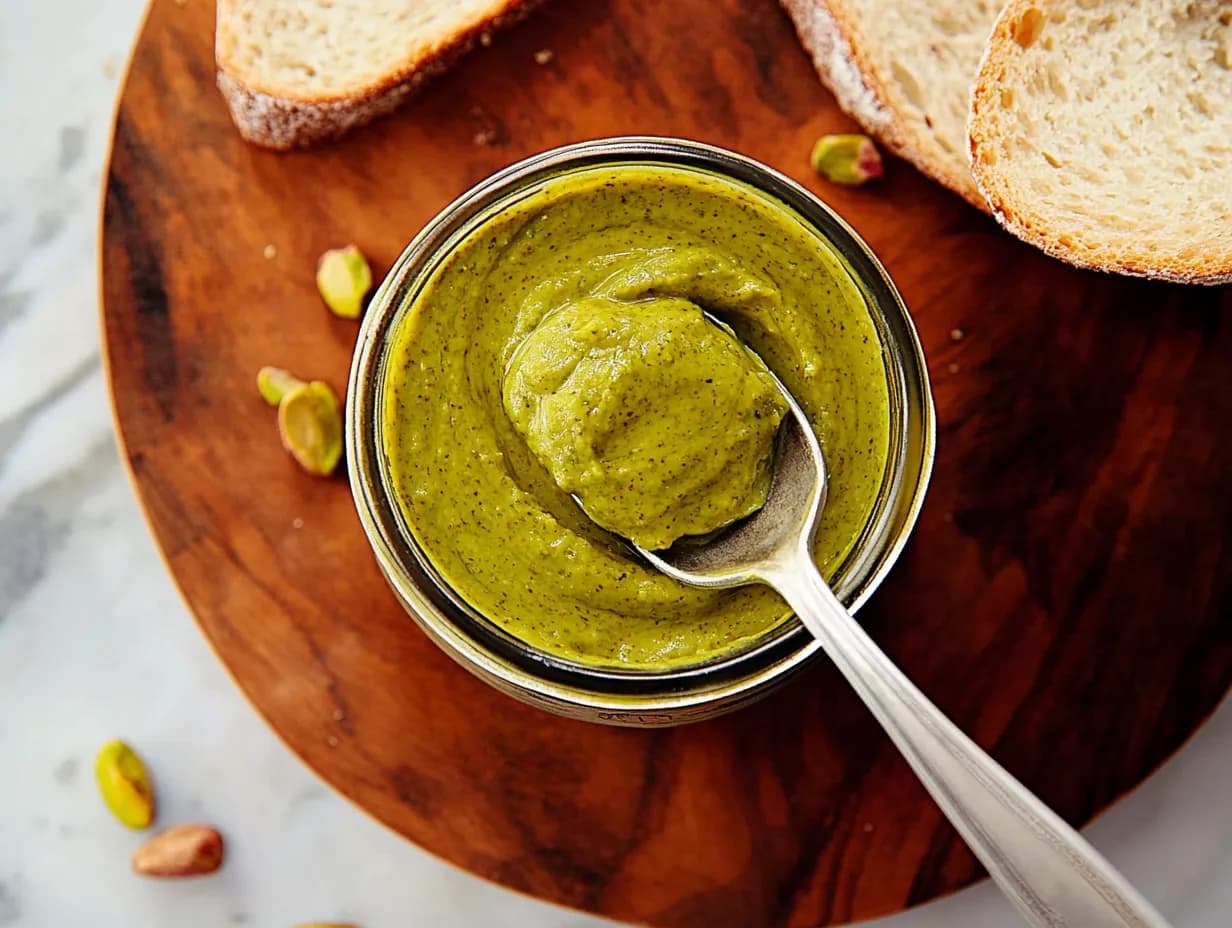 Creamy homemade pistachio butter in a jar with spoon