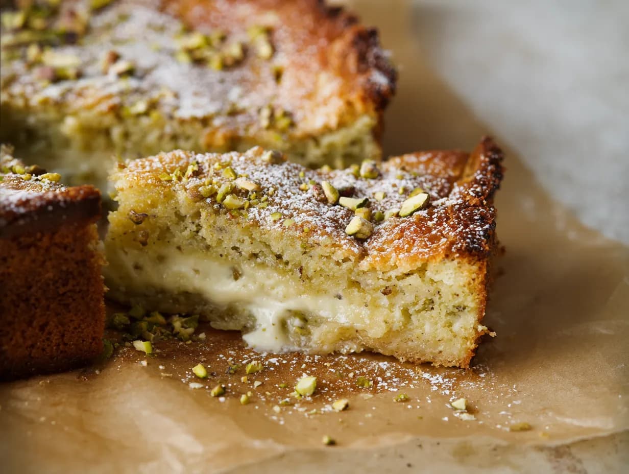 Pistachio ooey gooey butter cake with creamy center and pistachio topping